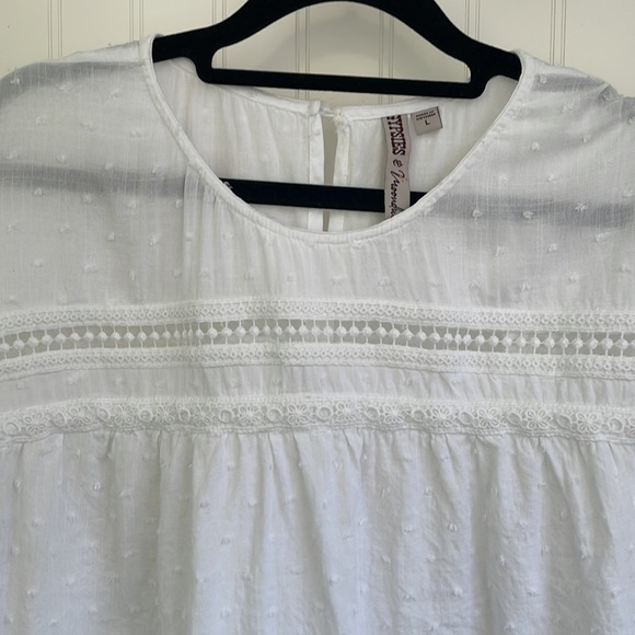 GYPSIES & MOONDUST women’s boxy fit semisheer white swiss dot crochet top size L - Picture 3 of 11